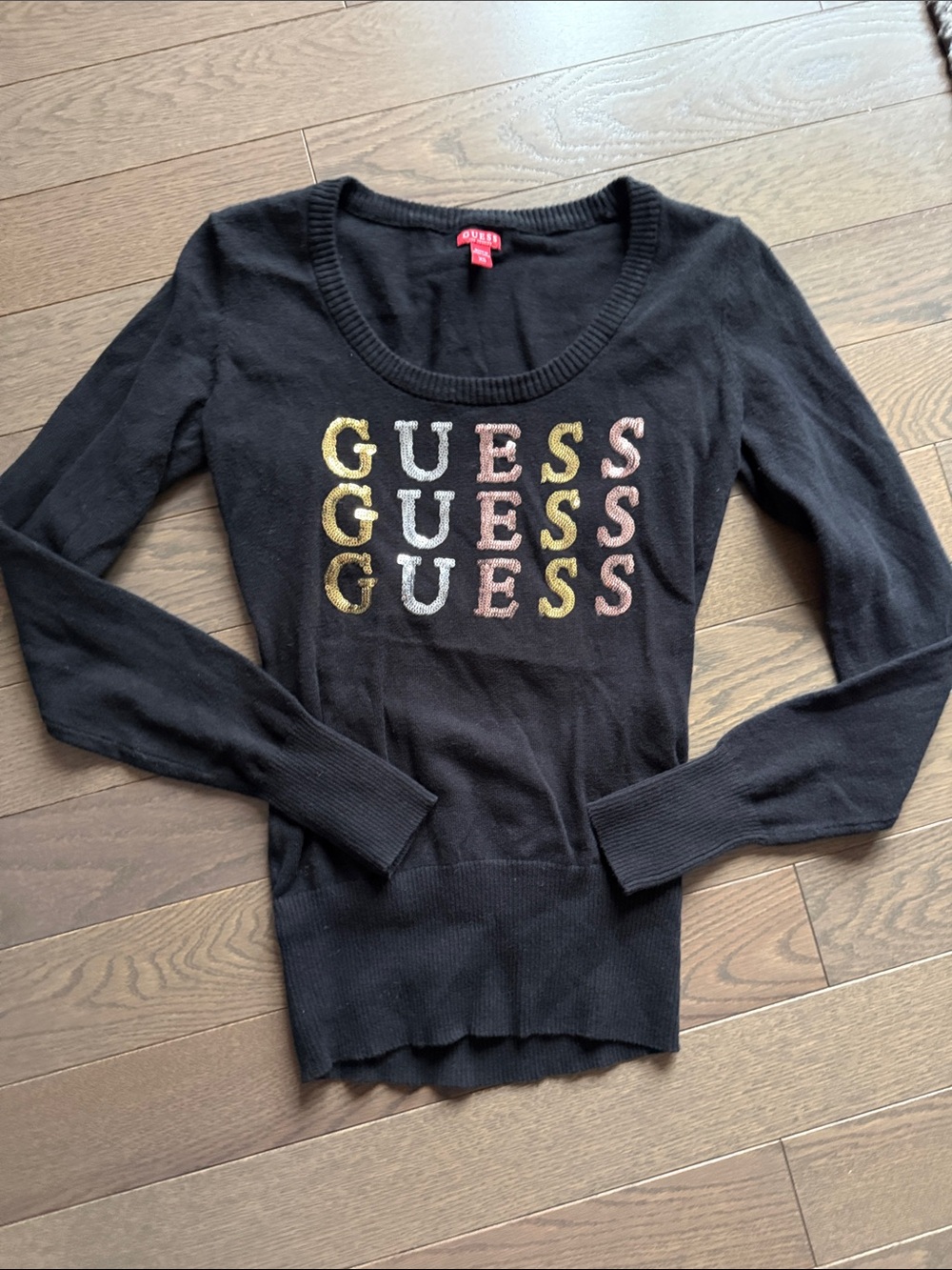 Guess Black Long Sleeve Scoop Neck Logo Knit Top with Metallic Letters